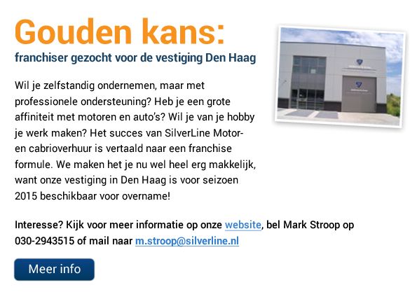 SilverLine motor- en cabrioverhuur zoekt franchisenemer voor overname van de vestiging Den Haag. Bron: FranchiseFormules.NL