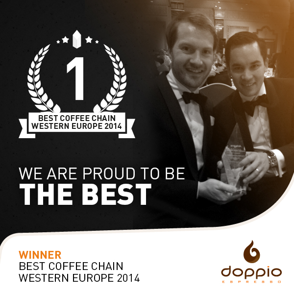 Dinsdagavond heeft Doppio Espresso de European Coffee Award voor “Best Coffee Chain – Western Europe” in ontvangst genomen. Bron: FranchiseFormules.NL